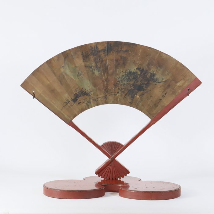 Antique Wooden Fan with Landscape and Bamboo Paintings Signed 'Motonobu 元信' and 'Eitoku 永徳' - Statue Træ - Japan - 19 århundrede  (Ingen mindstepris)