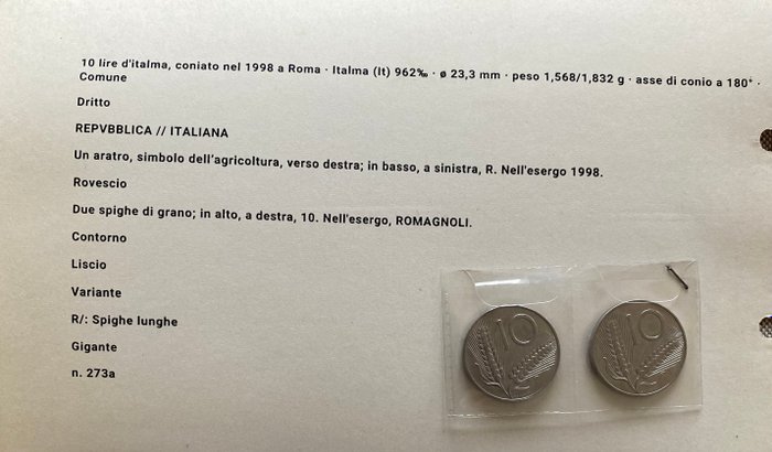 Italien. Serie completa 5 Lire, 10 Lire, 20 Lire, 1969-1999 + 2 Monete da 10 Lire Spighe Lunghe (93 Monete sigillate)  (Ingen mindstepris)