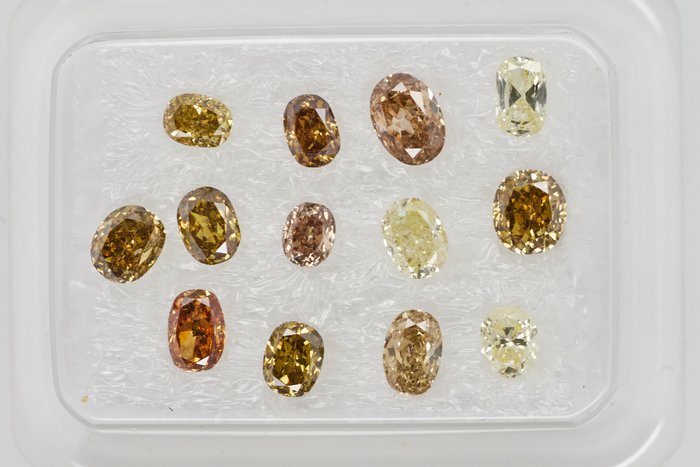 13 pcs Diamant  (Naturfarvet)  - 1.35 ct - Oval - Fancy, Fancy deep Brun, Grå, Gul, Orange Blandede farver - I1, VS1 - Gem Report Antwerp (GRA)