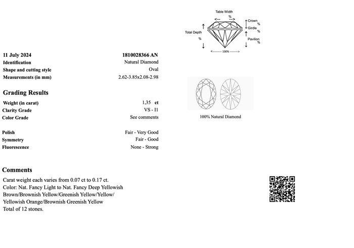 13 pcs Diamant  (Naturfarvet)  - 1.35 ct - Oval - Fancy, Fancy deep Brun, Grå, Gul, Orange Blandede farver - I1, VS1 - Gem Report Antwerp (GRA)