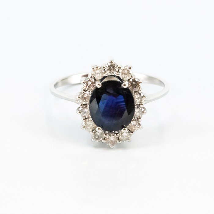 Ring - 14 karat Hvidguld Safir - Diamant