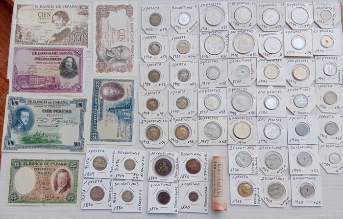 Spanien. Lote de 100 monedas y 6 billetes 1870-1995  (Ingen mindstepris)