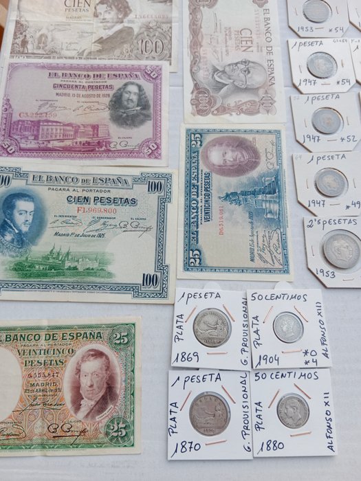 Spanien. Lote de 100 monedas y 6 billetes 1870-1995  (Ingen mindstepris)