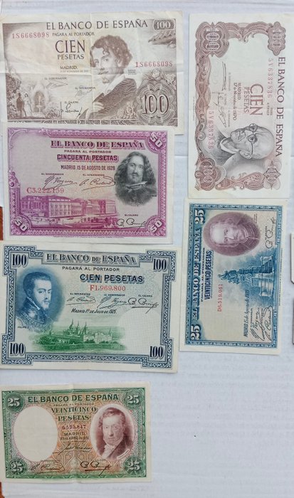 Spanien. Lote de 100 monedas y 6 billetes 1870-1995  (Ingen mindstepris)