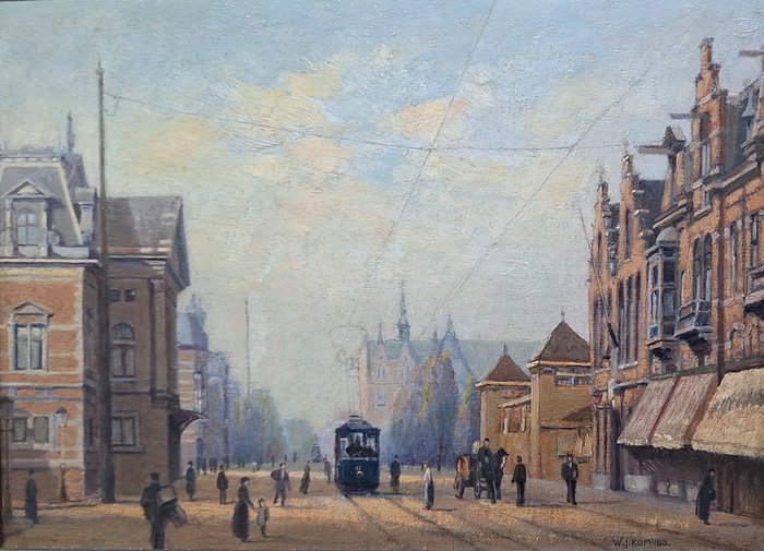 Dr Wilbrandus Joannes Koppius (1859 - 1945) - Stadsgezicht Amsterdam met vele figuren en trams