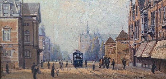 Dr Wilbrandus Joannes Koppius (1859 - 1945) - Stadsgezicht Amsterdam met vele figuren en trams