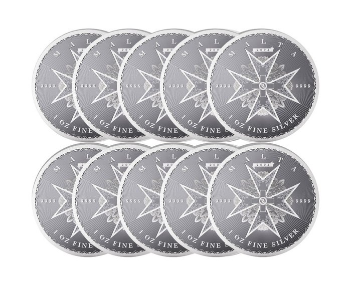 Malta. 10 x 1 oz 2024 €5 Maltese Cross Silver Coin BU