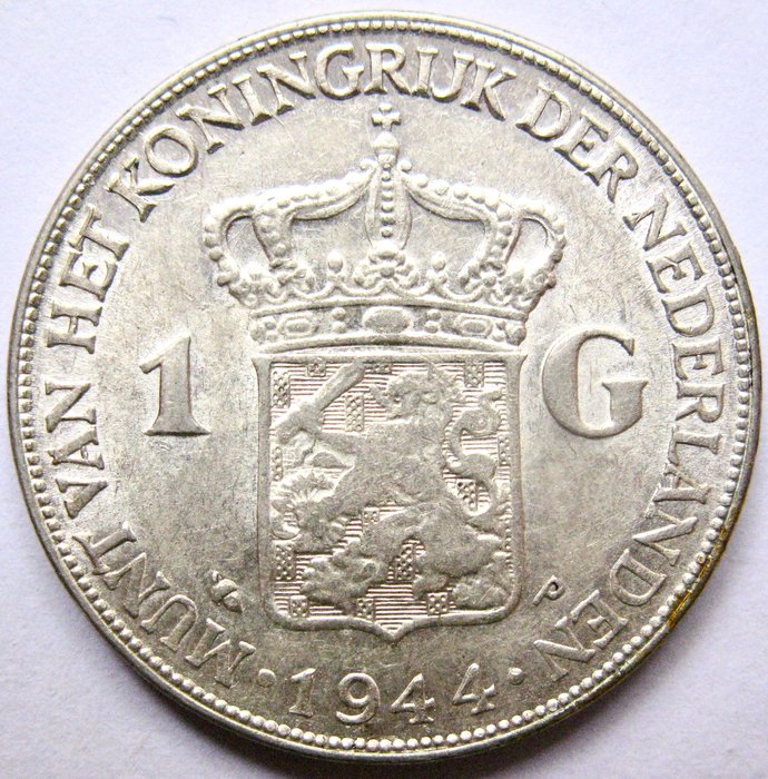 Holland. Wilhelmina. 1 Gulden 1944 Opgestoken haar  (Ingen mindstepris)