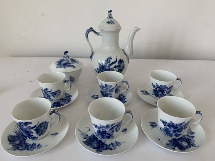 Royal Copenhagen - Kaffeservice (14) - blue and white - Porcelæn - kaffeservering til 6