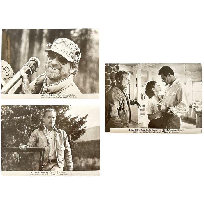 Set of 3 black and white Press photos - Always - Richard Dreyfuss, Holly Hunter, Steven Spielberg