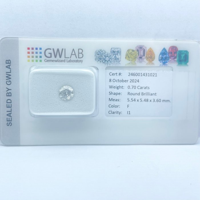 Ingen mindstepris - 1 pcs Diamant  (Natur)  - 0.70 ct - Rund - F - I1 - Gemewizard Gemological Laboratory (GWLab)