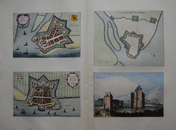 Holland - Geertruidenberg, Woudrichem, Loevestein; J. Blaeu - [4 kaarten en zichten op 1 blad] - 1621-1650