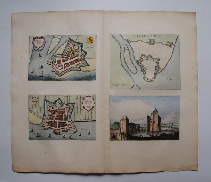 Holland - Geertruidenberg, Woudrichem, Loevestein; J. Blaeu - [4 kaarten en zichten op 1 blad] - 1621-1650