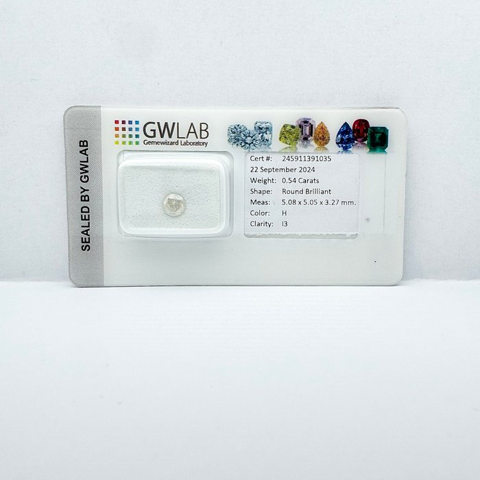 Ingen mindstepris - 1 pcs Diamant  (Natur)  - 0.54 ct - Rund - H - I3 - Gemewizard Gemological Laboratory (GWLab)