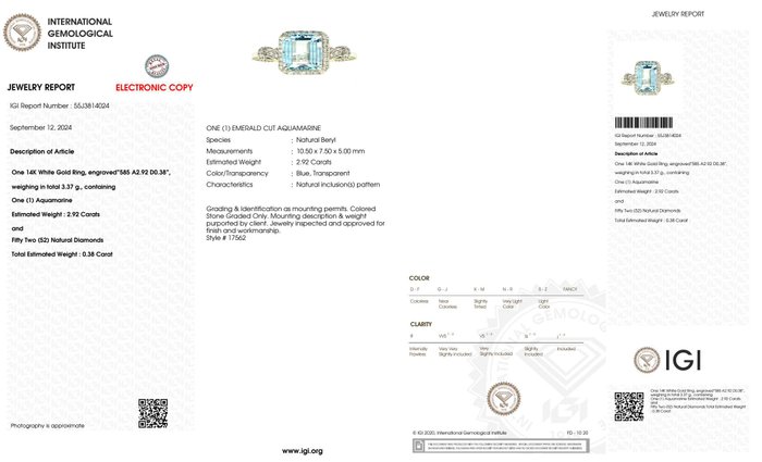 Ingen mindstepris - Ring - 14 karat Hvidguld -  3.30ct. tw. Akvamarin - Diamant - IGI 2,92 ct blå