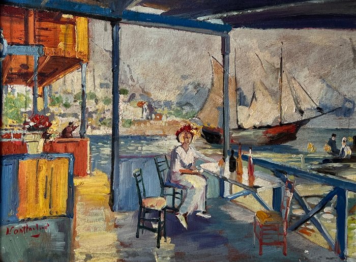 Fransk skole (XX) - Figure in a bar by the coast