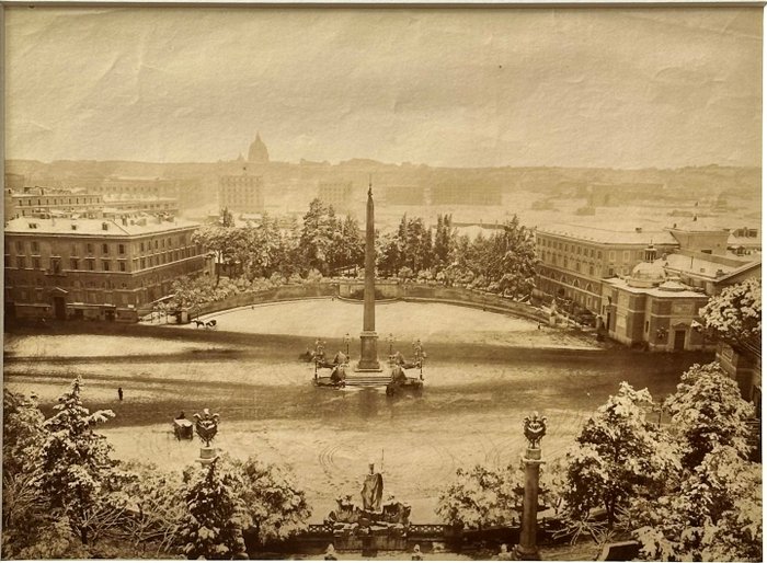 Unknown photographer - Winter Panorama of Piazza di Popolo (Rome) with Vatican Skyline - ca 1880