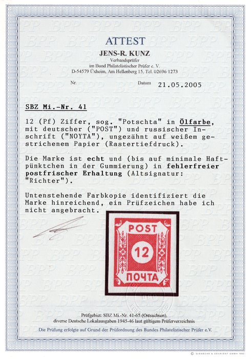 De allieredes besættelse - Tyskland (sovjetisk zone) 1945 - Østsachsen "Potschta" i oliemaling med certifikat - Michel B I b