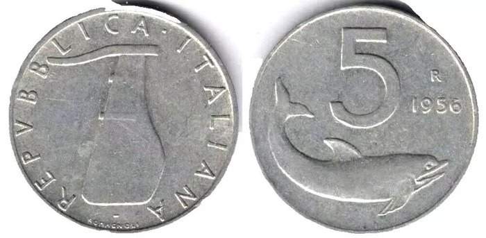 Italien, Den Italienske Republik. 5 Lire 1956 "Delfino" (2 monete)  (Ingen mindstepris)