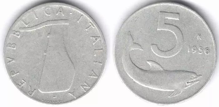 Italien, Den Italienske Republik. 5 Lire 1956 "Delfino" (2 monete)  (Ingen mindstepris)