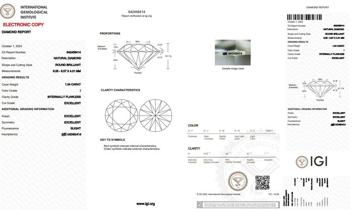 1 pcs Diamant  (Natur)  - 1.04 ct - Rund - I - IF - International Gemological Institute (IGI) - Ideel skåret diamant