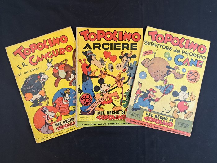 Nel Regno di Topolino nn. 14, 19, 20 - Topolino e il Canguro; Arciere; Servitore del Proprio Cane - 3 Comic - Første udgave - 1936