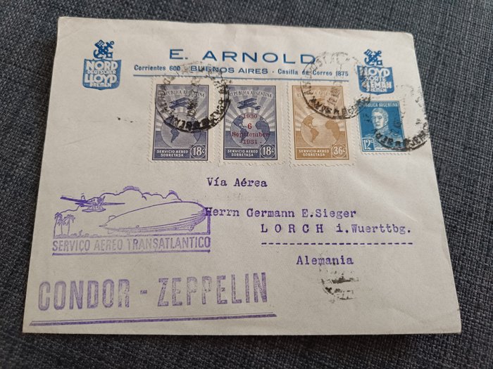 Argentina 1932 - Rekommanderet brev via Zeppelin fra Buenos Aires, Argentina til