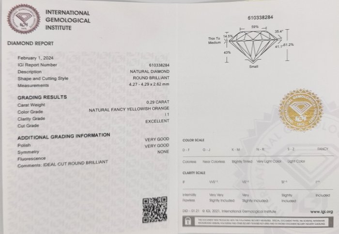 Ingen mindstepris - 1 pcs Diamant  (Naturfarvet)  - 0.29 ct - Rund - Fancy Gullig Orange - I1 - International Gemological Institute (IGI)