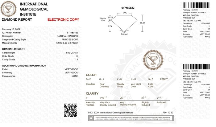 1 pcs Diamant  (Natur)  - 1.00 ct - Rektangel - H - I1 - International Gemological Institute (IGI)