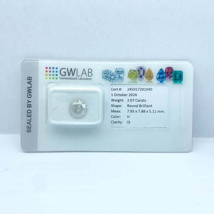 Ingen mindstepris - 1 pcs Diamant  (Natur)  - 2.07 ct - Rund - H - I3 - Gemewizard Gemological Laboratory (GWLab)