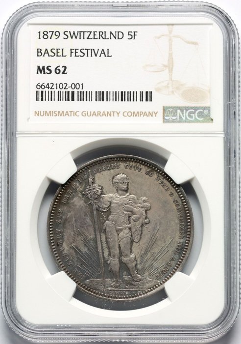 Schweiz, Bern. 5 Francs 1879 "Basel Shooting Festival" - in slab NGC MS 62