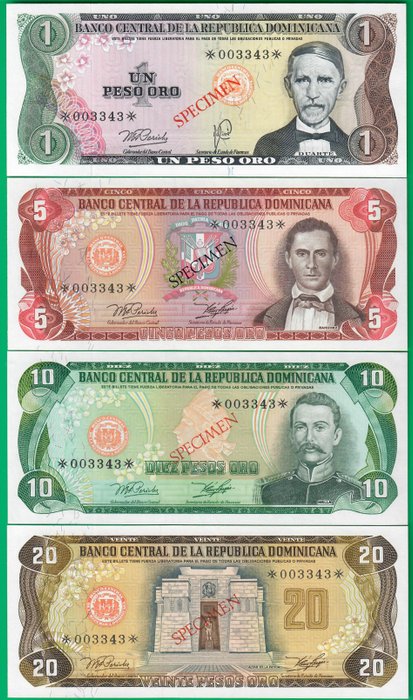 Domikanske Republik. - Full denomination SPECIMEN set of the 1978 issue w/ matching serial - Pick CS4  (Ingen mindstepris)