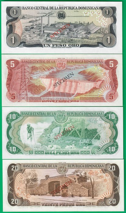 Domikanske Republik. - Full denomination SPECIMEN set of the 1978 issue w/ matching serial - Pick CS4  (Ingen mindstepris)