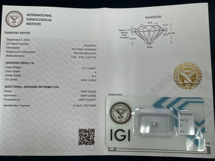 Ingen mindstepris - 1 pcs Diamant  (Natur)  - 037 ct - Rund - H - SI2 - International Gemological Institute (IGI)