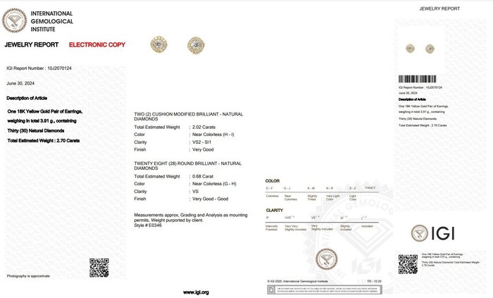 Ingen mindstepris - Øreringe - 18 kraat Gulguld -  2.70ct. tw. Diamant (Natur) - Diamant - Sjældne Brilliant Puder