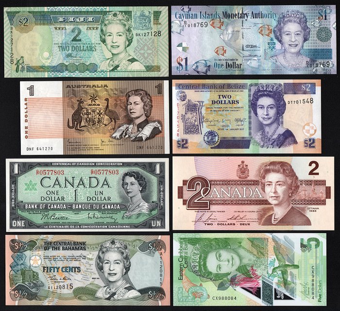 Verden. Commonwealth - 8 Banknotes, all with Queen Elizabeth II - various dates  (Ingen mindstepris)