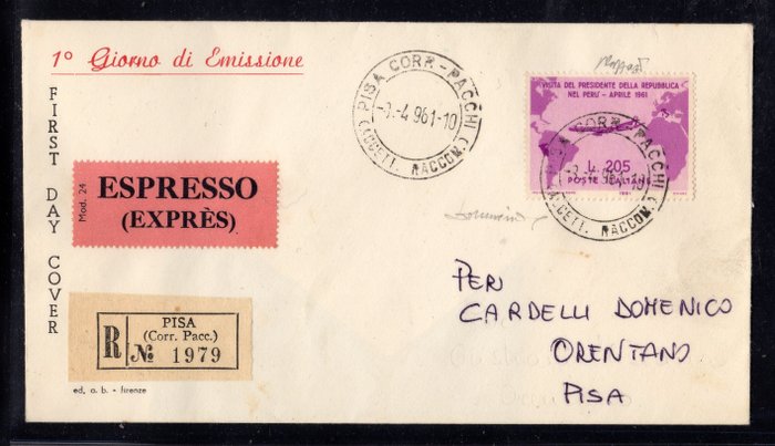 Den Italienske Republik 1961/1961 - Første dag cover Gronchi pink første dag