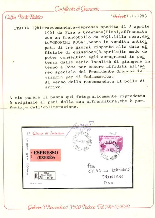 Den Italienske Republik 1961/1961 - Første dag cover Gronchi pink første dag