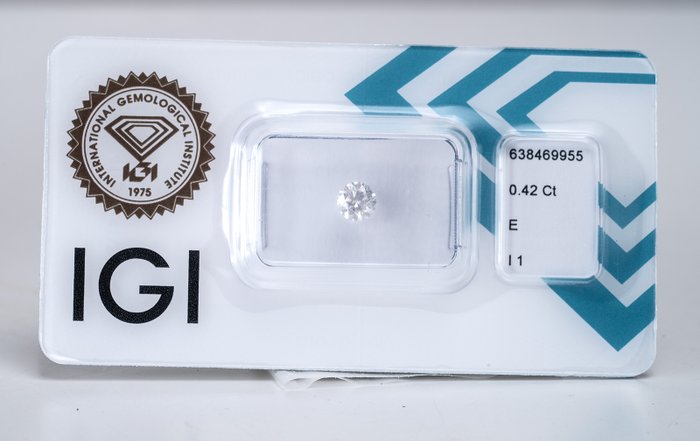 Ingen mindstepris - 1 pcs Diamant  (Natur)  - 0.42 ct - Rund - E - I1 - International Gemological Institute (IGI)