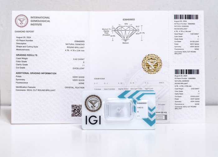 1 pcs Diamant  (Natur)  - 0.42 ct - Rund - E - I1 - International Gemological Institute (IGI)