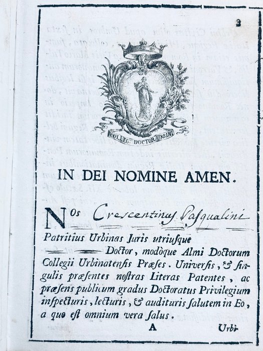 Université d'Urbino / C. Pasqualini - [Urbino- Italie]   Laurea doctoratus… universitate Urbini collata. Cesar Borgignioni natif - 1816