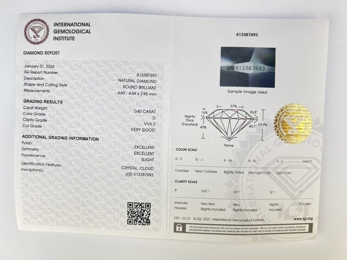 1 pcs Diamant  (Natur)  - 0.40 ct - Rund - D (farveløs) - VVS2 - International Gemological Institute (IGI)