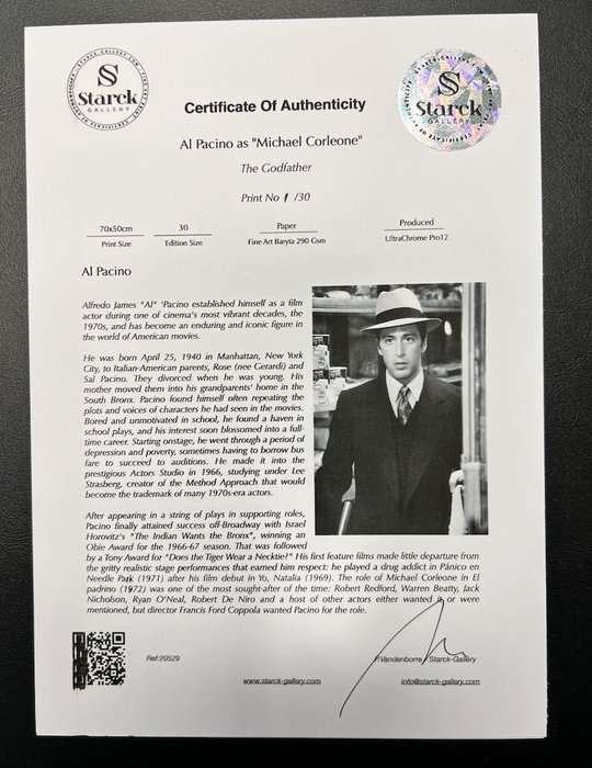 The Godfather - Al Pacino as "Michael Corleone" - Fine Art Photography - Luxury Wooden Framed 70X50 cm - Limited Edition Nr 02 of 30 - Serial ID 20529 - - Original Certificate (COA) Hologram Logo Editor and QR Code