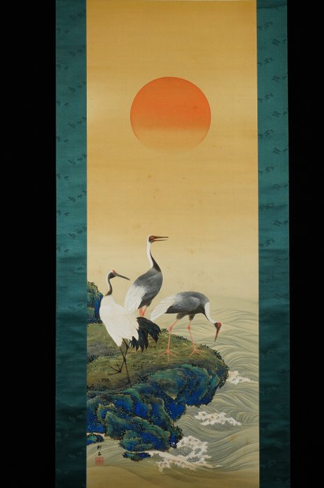 Cranes and sunrise - ca 1920-1940(Taisho / Showa) - Ryuseki 柳石 - Japan  (Ingen mindstepris)