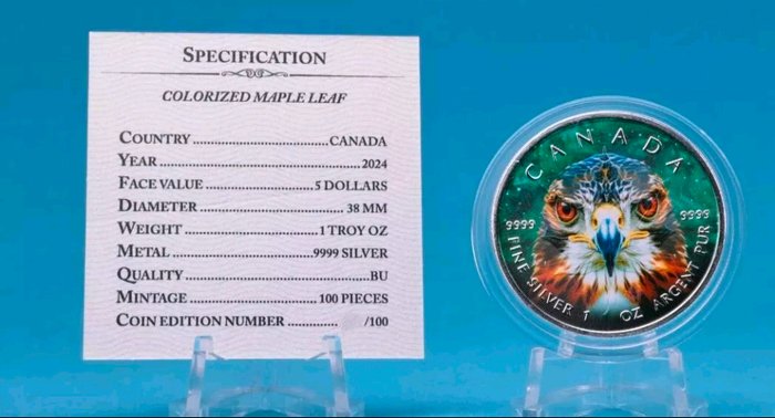 Canada. 5 Dollars 2024 Maple Leaf - Falke, 1 Oz (.999)  (Ingen mindstepris)