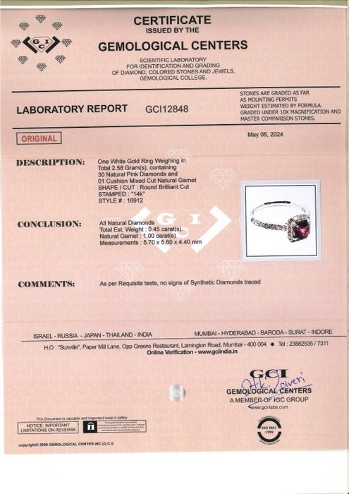 Forlovelsesring - 14 karat Hvidguld -  1.45ct. tw. Granat - Diamant - GCI 1,00 CT