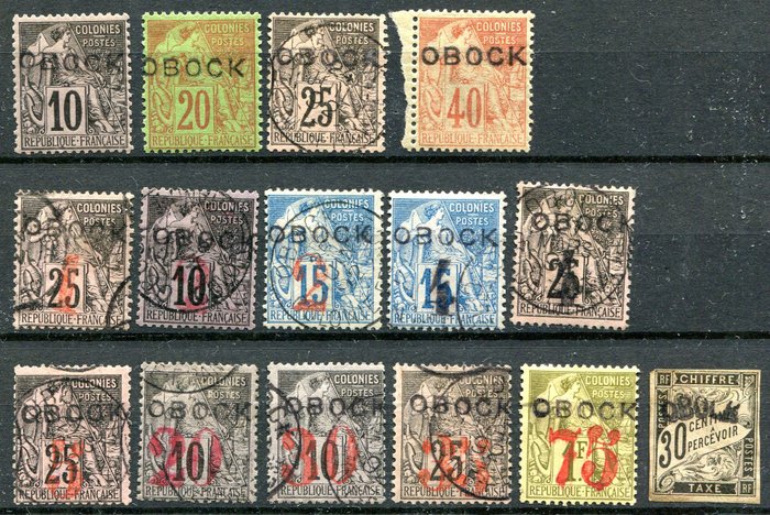 Obock 1892 - Sæt med klassiske værdier med skat - Yvert 14, 16, 17, 18, 21, 22, 23, 24, 25, 26, 27, 28, 29, 30, Taxe 4