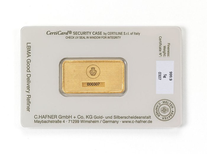 5 gram - Guld 999 - C. Hafner - Deutschland - Goldbarren im Blister CertiCard mit Zertifikat - Forseglet  Med certifikat