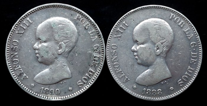 Spanien. 2 moedas - 5 Pesetas - Alfonso XIII 1st portrait 1888 e 1890 MPM  (Ingen mindstepris)