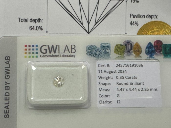 Ingen mindstepris - 1 pcs Diamant  (Natur)  - 0.35 ct - Rund - G - I2 - Gemewizard Gemological Laboratory (GWLab)